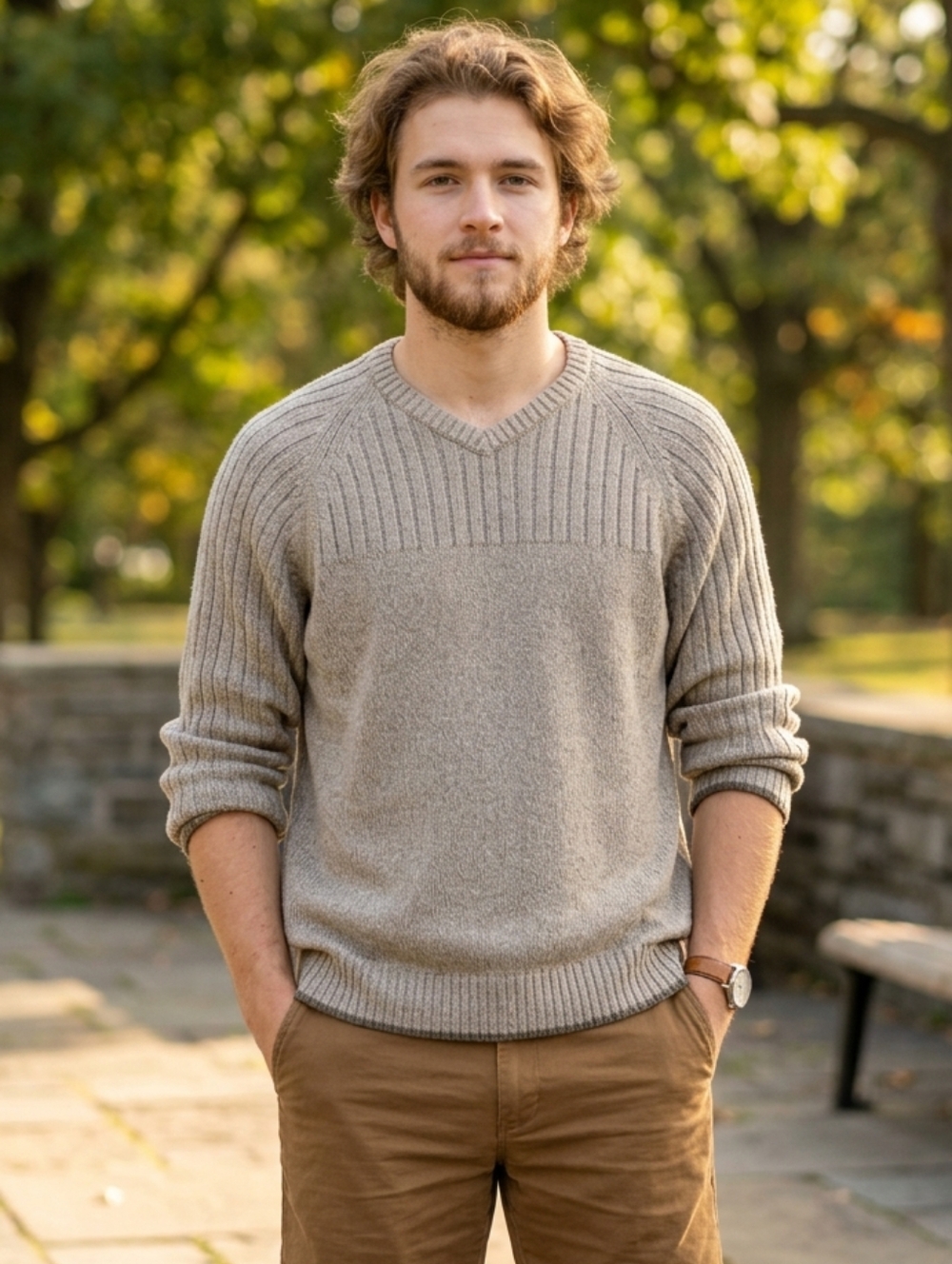 Columbia Fisherman Sweater Mens M Light Brown V-Neck Pullover Cotton Knit